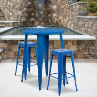 Flash Furniture CH-51090BH-2-30SQST-BL-GG 30" Round Bar Table Set with Backless Barstools in Blue